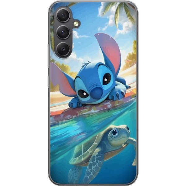 Samsung Galaxy A24 4G Genomskinligt Skal Stitch med sköldpadda – söt blå alien i tropisk strandmiljö från Disney