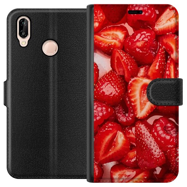 Huawei P20 lite Lompakkokotelo Mansikkakuviointi - makea motii