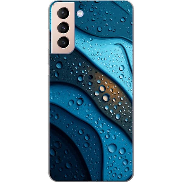 Kompatibelt Mobildeksel til Samsung Galaxy S21 Blå abstrakte bølger med glitrende vanndråper i moderne grafisk design blå