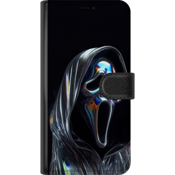 Kompatibel Tegnebogsetui til Apple iPhone 12 mini Mørk skrækmaske med metallisk regnbueskinnende detaljer mod sort baggrund sort