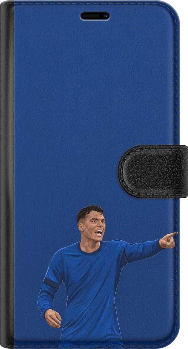 Kompatibel Tegnebogsetui til OnePlus 6T Silva blå - Thiago Silva i blå kamptrøje mod mørkeblå baggrund blå