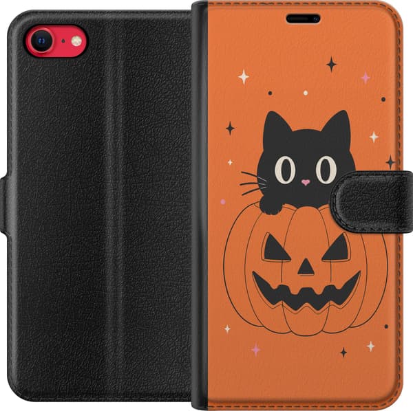 Kompatibel Tegnebogsetui til Apple iPhone 8 Sort kat og halloween-græskar med stjerner på orange baggrund orange