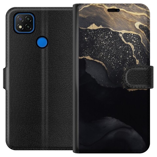 Xiaomi Redmi 9C Tegnebogsetui Sort guld abstrakt