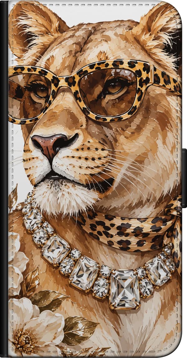 Kompatibel Tegnebogsetui til OnePlus 9 Pro Brun løvinde med leopardmønstrede solbriller, sløjfe og blomster på hvid baggrund brun