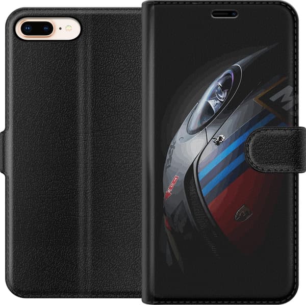 Kompatibel Tegnebogsetui til Apple iPhone 8 Plus Nærbillede af en mørk sportsvogn med blå og røde striber mod sort baggrund sort