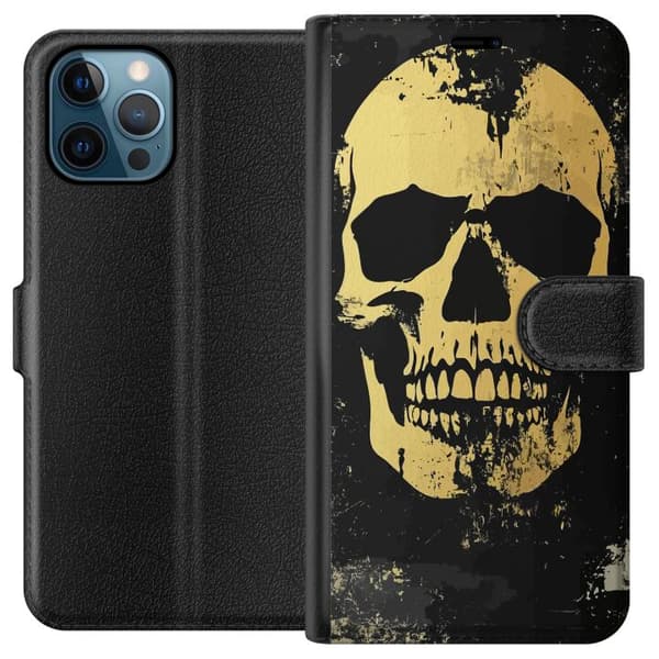 Kompatibel Tegnebogsetui til Apple iPhone 12 Pro Stor gul dødningehoved i slidt grungestil mod sort baggrund sort