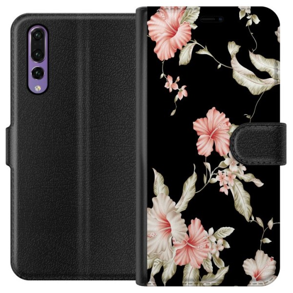 Huawei P20 Pro Tegnebogsetui Floral Mønster Sort