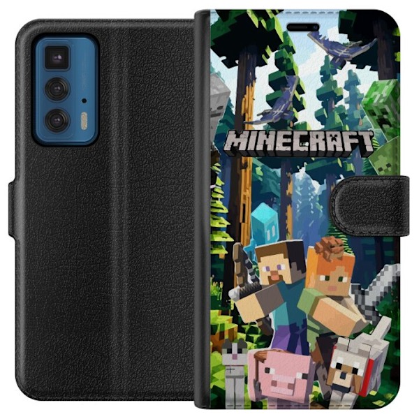 Motorola Edge 20 Pro Plånboksfodral Minecraft mobilskal med skog och figurer i pixelstil