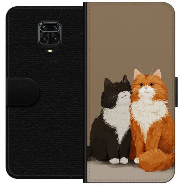 Kompatibel Tegnebogsetui til Xiaomi Redmi Note 9 Pro Illustrerede sort-hvide og orange-hvide katte sammen mod brun baggrund brun
