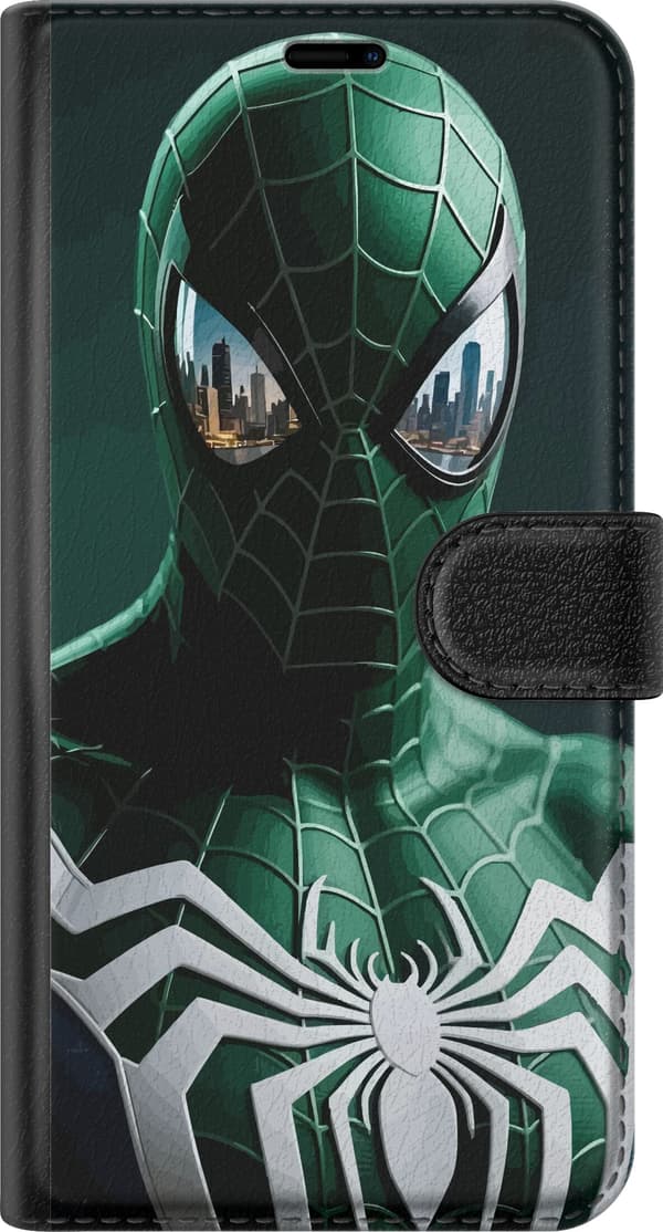 Kompatibel Tegnebogsetui til Google Pixel 11 Pro Spider-Man i grøn og sort dragt med hvidt edderkoppesymbol og reflekterende øjne grøn