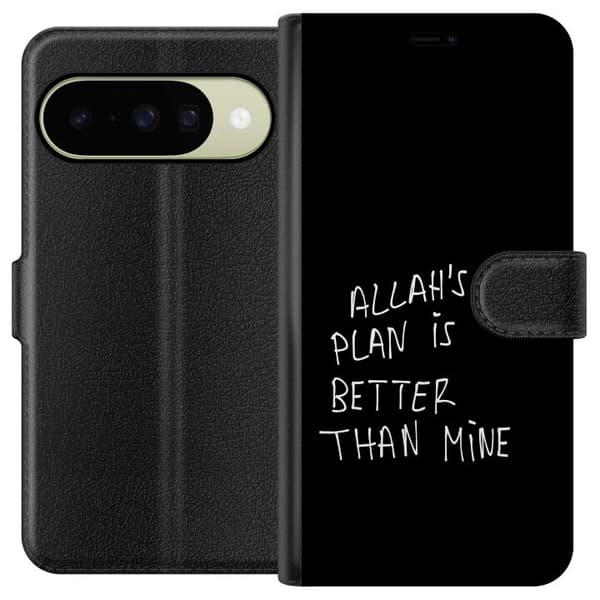 Kompatibel Tegnebogsetui til Google Pixel 10 Allahs plan er bedre end min, sort-hvidt tekstdesign med et islamisk citat og minimalistisk udtryk sort