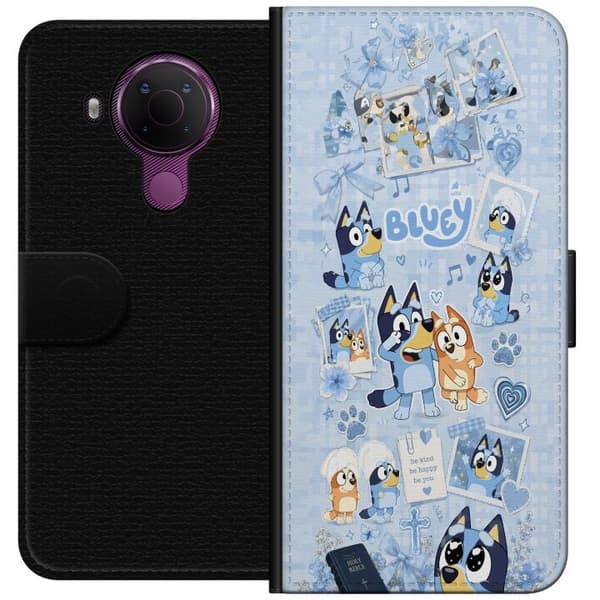 Kompatibel Tegnebogsetui til Nokia 5.4 Blåt tegnet collage med hunde, hjerter, poter, blomster og sløjfer blå
