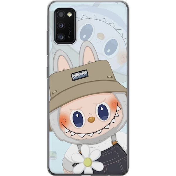 Samsung Galaxy A41 Genomskinligt Skal Labubu med hatt – Pop Mart-figur Mr. Butcher i retro stil med karaktär
