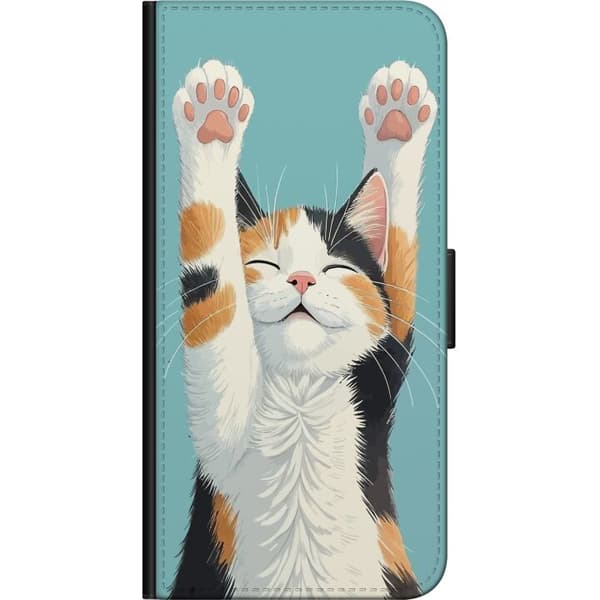 Kompatibel Tegnebogsetui til Xiaomi Redmi Note 9 Pro Illustreret trefarvet kat med løftede poter mod turkis baggrund blå