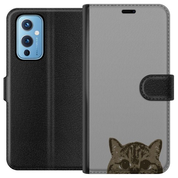 OnePlus 9 Plånboksfodral Grå Kattblick – stilren kattdesign med grå bakgrund