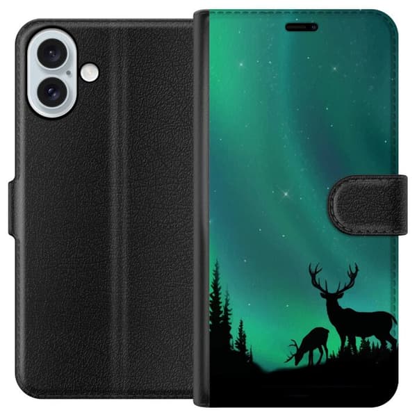Kompatibel Tegnebogsetui til Apple iPhone 16 Plus Hjortar i siluett under norrsken