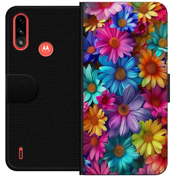 Motorola Moto E7 Power Plånboksfodral Gerbera Blommor Färgglad Dekor Blommotiv Populärt Heminredning Färg Rik Väggkonst Design