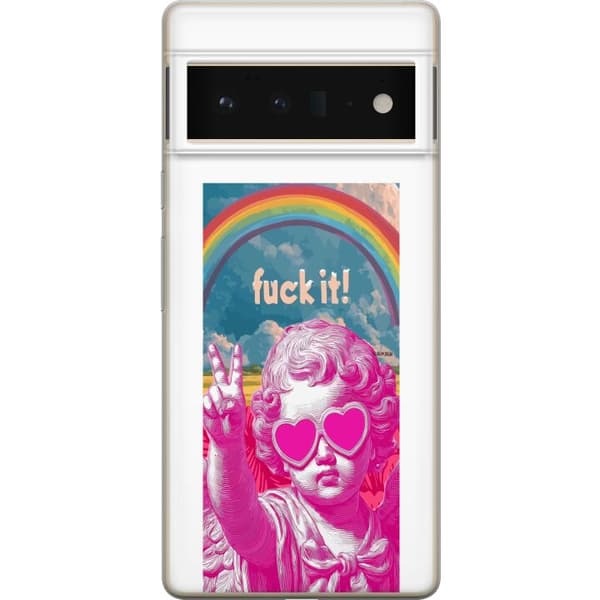 Kompatibelt Mobildeksel til Google Pixel 6 Pro Rosa klassisk statue med hjerteformede solbriller, fredstegn, regnbue og "Fuck It"-tekst rosa