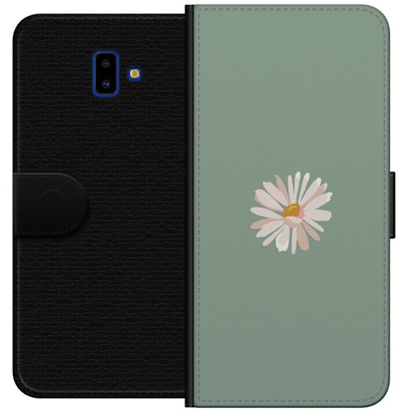Samsung Galaxy J6+ Plånboksfodral Grön Minimalblomma – stilren blomma på grön bakgrund