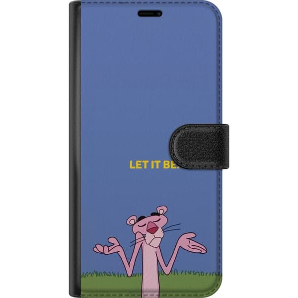 Kompatibel Tegnebogsetui til Google Pixel 7a Rosa tegnet panter, der skuldertrækker under det gule citat Let It Be mod en blød blå baggrund blå