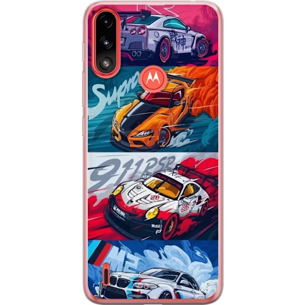 Motorola Moto E7 Power Läpinäkyvä kuori Nopeat Autot - Piirretty Kuvio Toiminnalla