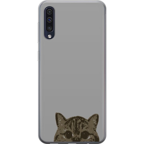 Samsung Galaxy A50 Genomskinligt Skal Grå Kattblick – stilren kattdesign med grå bakgrund