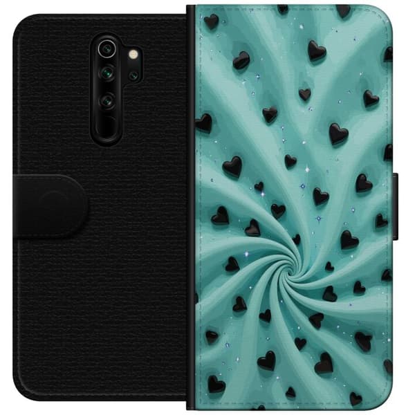 Kompatibel Tegnebogsetui til Xiaomi Redmi Note 8 Pro  Turkis hvirvelbaggrund med sorte hjerter og glitrende stjerner turkis