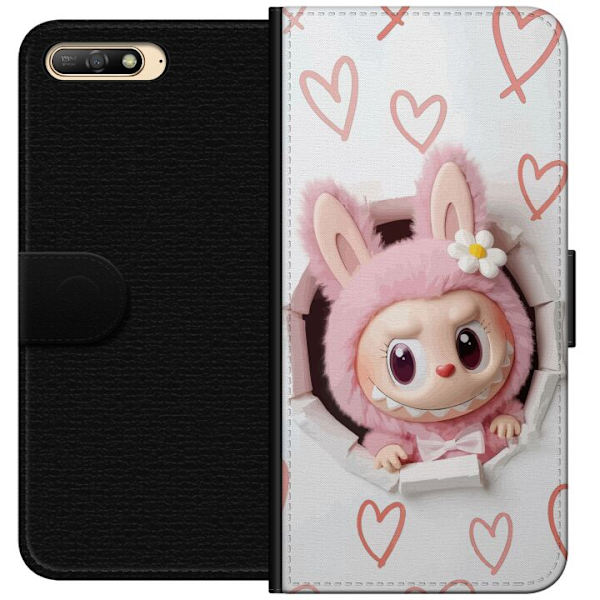Huawei Y6 (2018) Lompakkokotelo Labubu Sydän Taustakuva Pop Mart Rakkausteema Hahmodesign Suosittu Motiivi Keräilytaideteossarja