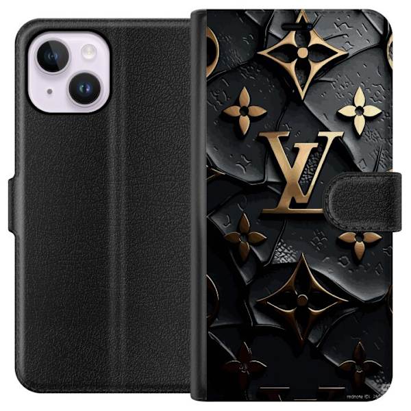 Apple iPhone 14 Plus Tegnebogsetui Louis Vuitton Mørk Tilstand Design Sort Luksus Stil Mode Populær Grafisk Mønster Modeikon Luksusmærke