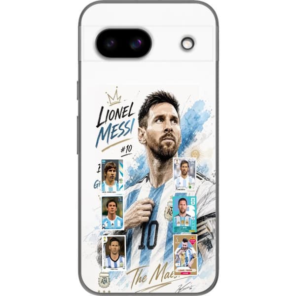 Kompatibelt Mobildeksel til Google Pixel 8a Lionel Messi med argentinske farger og klassiske samleobjektkort i collage blå