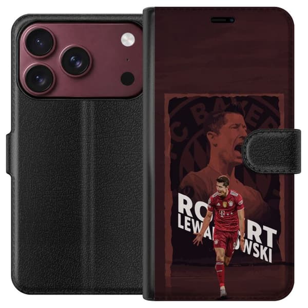 Kompatibel Tegnebogsetui til Apple iPhone 18 Pro Robert Lewandowski i mørkerød collage - fodboldmotiv i sort og mørkerød sort