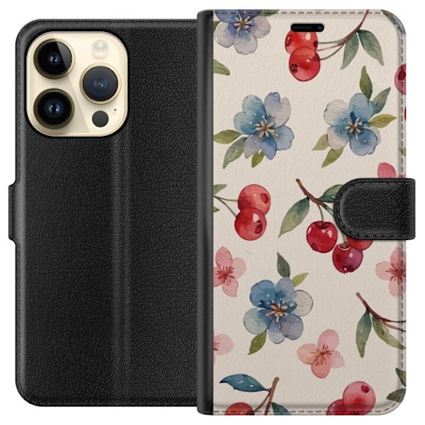 Apple iPhone 15 Pro Tegnebogsetui Bær & Blomster - mønster m