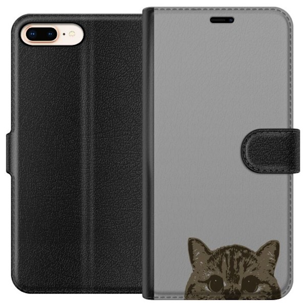 Apple iPhone 8 Plus Plånboksfodral Grå Kattblick – stilren kattdesign med grå bakgrund