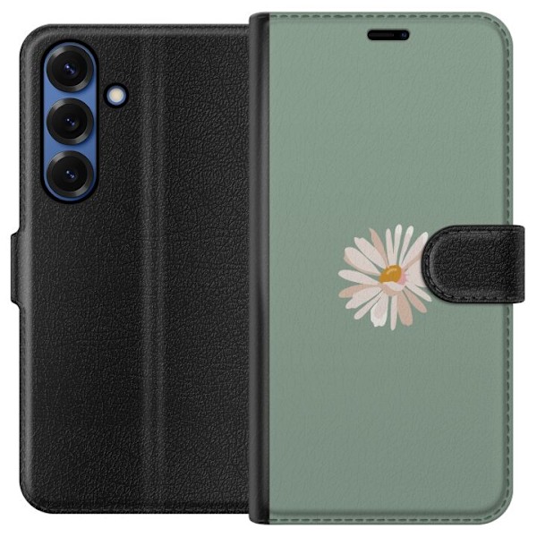 Samsung Galaxy S25+ Lompakkokotelo Vihreä Minimalikukka - tyylikäs kukka vihreällä taustalla