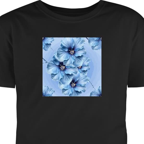 T-shirt til Voksen Sort Medium Store lyseblå blomster med mørkeblå midter mod blå baggrund sort M