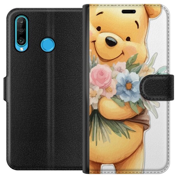 Huawei P30 lite Tegnebogsetui Nalle Puh med blomster - klassisk børnefavorit i en blomstrende forårs miljø