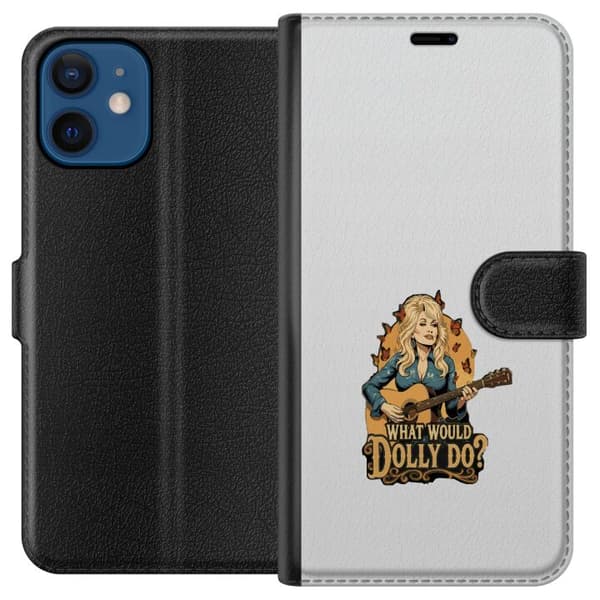 Kompatibelt Plånboksfodral till Apple iPhone 12 Dolly Parton med gitarr och fjärilar grå
