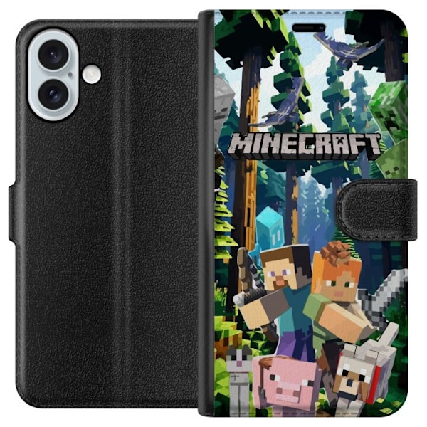 Apple iPhone 16 Plus Plånboksfodral Minecraft mobilskal med skog och figurer i pixelstil