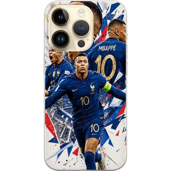 Kompatibel Mobilcover til Apple iPhone 14 Pro Kylian Mbappé i dynamisk fodboldcollage med blå, hvide og røde detaljer blå