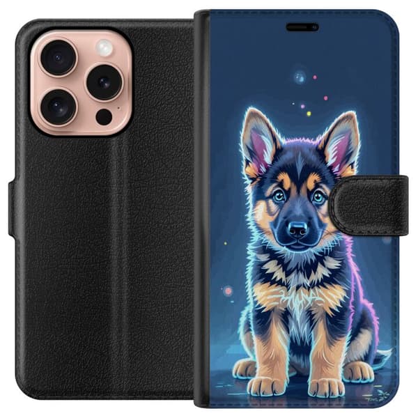 Kompatibel Tegnebogsetui til Apple iPhone 16 Pro Neonbelyst schæferhunde-hvalp med blå og lilla lys-effekter blå