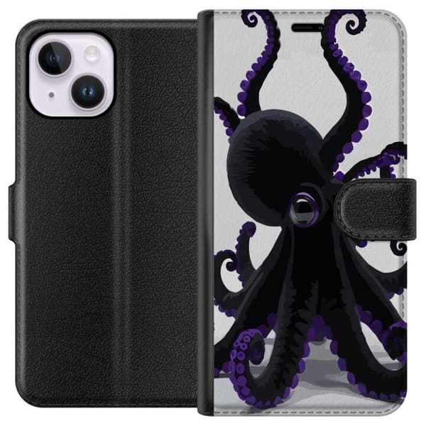 Kompatibel Tegnebogsetui til Apple iPhone 14 Plus Sort blæksprutte med lilla detaljer i et elegant havtema mod en lys baggrund sort