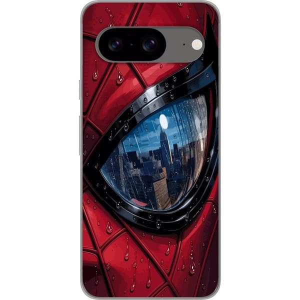 Kompatibelt Mobildeksel til Google Pixel 8 Nærbilde av Spider-Man-maske med regndråper og byrefleksjon i øyet rød