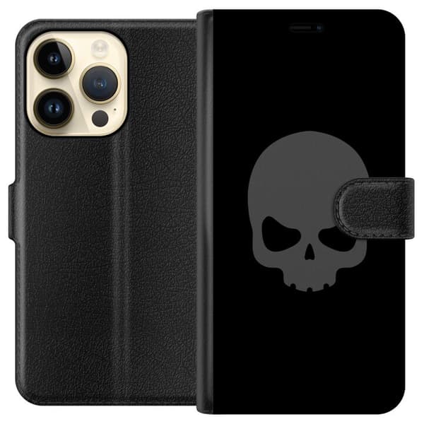 Kompatibel Tegnebogsetui til Apple iPhone 14 Pro Enkel dødningehoved i grå tone mod sort baggrund, elegant og moderne design