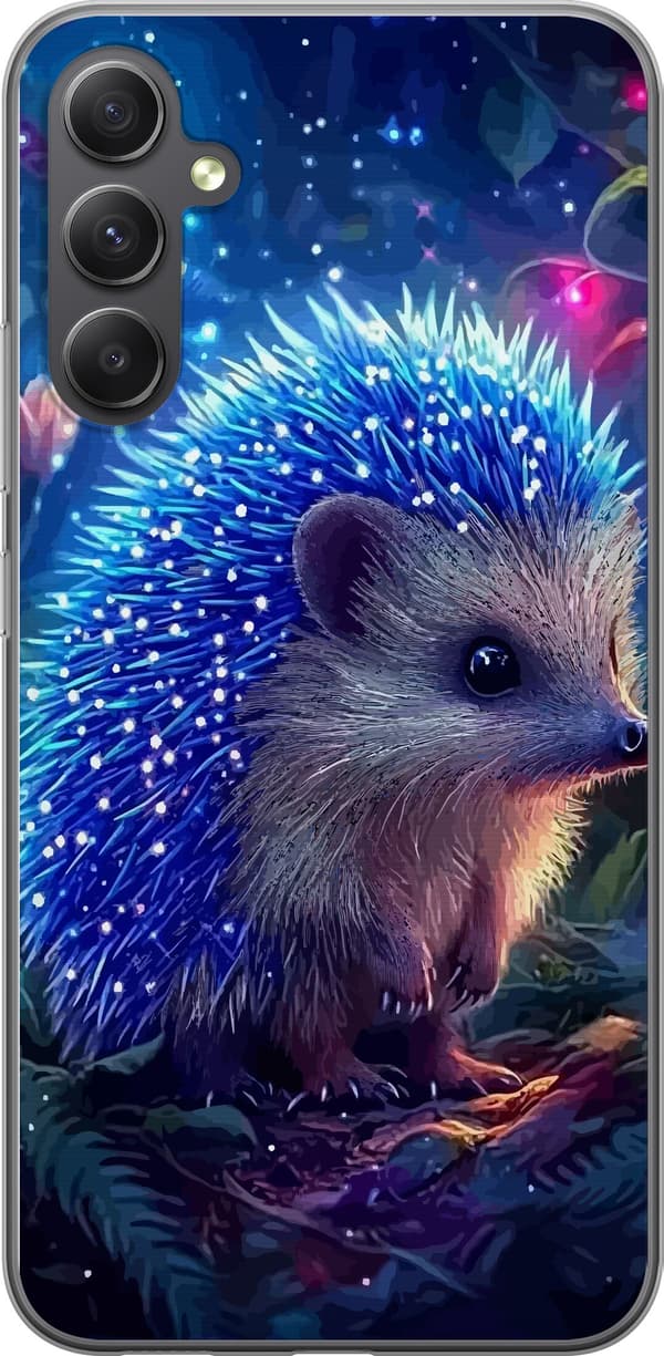 Kompatibelt Mobildeksel til Samsung Galaxy S23 FE Pinnsvin med blålysende pigger blant planter og stjernelignende lyspunkter blå