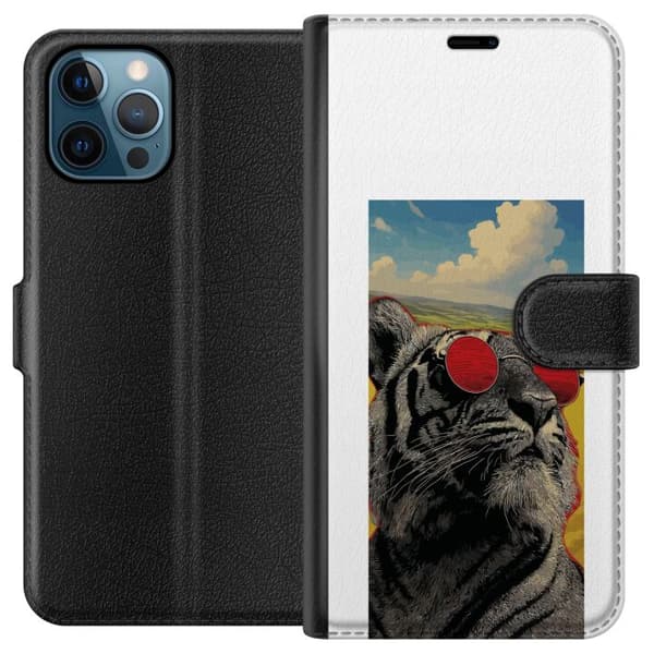 Kompatibel Tegnebogsetui til Apple iPhone 12 Pro Cool tiger med røde solbriller i pop kunststil grå