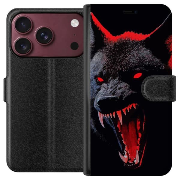Kompatibel Tegnebogsetui til Apple iPhone 18 Pro Max Dramatisk ulveportræt med lysende røde øjne og blottede tænder mod sort baggrund sort