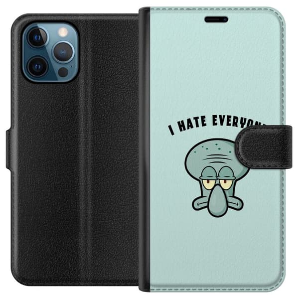Kompatibel Tegnebogsetui til Apple iPhone 12 Pro Tegnet utilfreds blækspruttefigur med teksten I Hate Everyone på lyse turkis baggrund blå