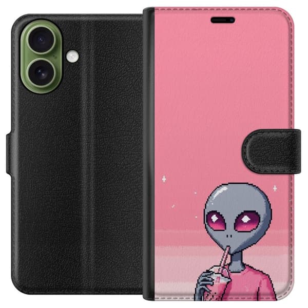 Kompatibel Tegnebogsetui til Apple iPhone 18 Retro-pixelillustration af en grå alien, der drikker lyserød drik på lyserød baggrund pink