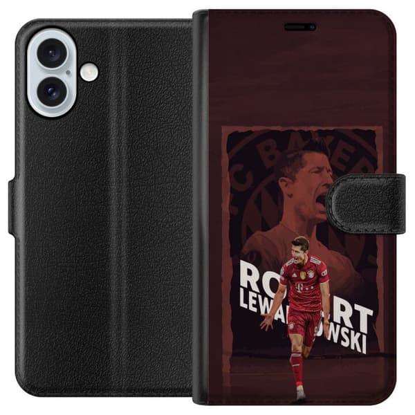 Kompatibel Tegnebogsetui til Apple iPhone 16 Plus Robert Lewandowski i mørkerød collage - fodboldmotiv i sort og mørkerød sort