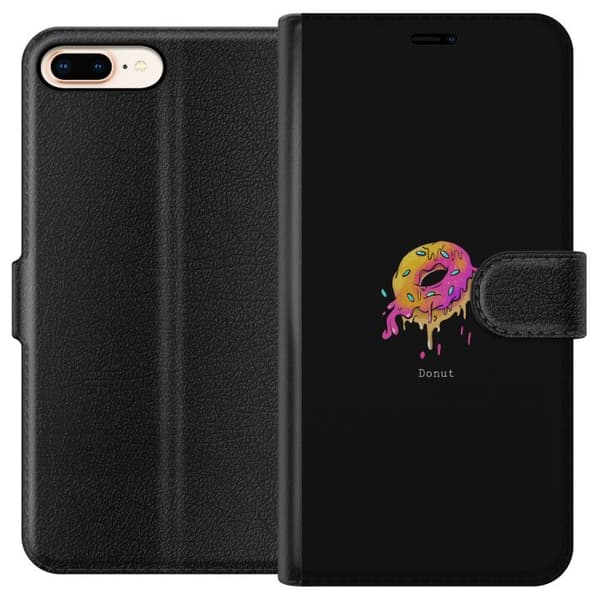 Kompatibel Tegnebogsetui til Apple iPhone 8 Plus Farverig illustreret donut med lyserød og gul glasur på sort baggrund sort